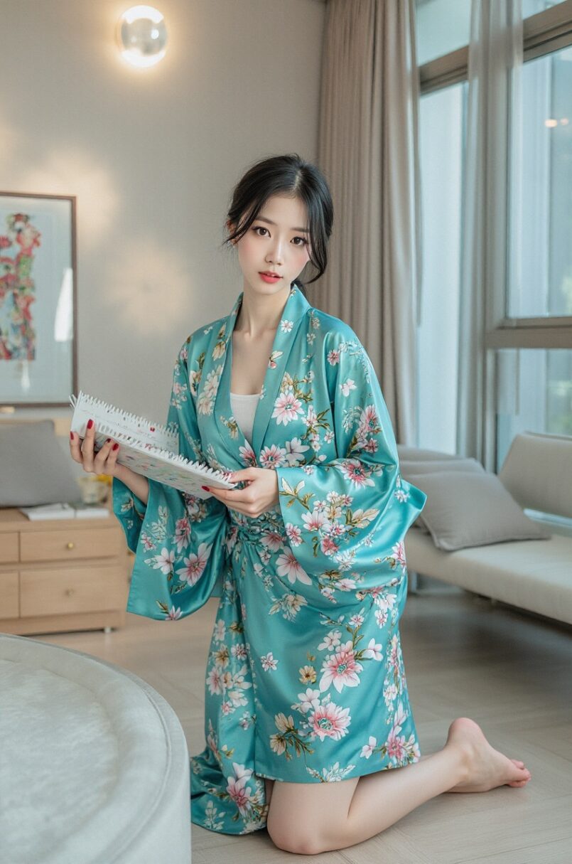 Japanese Woman in Turquoise Satin Kimono Robe